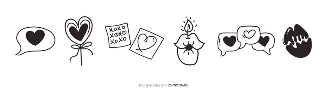 Valentine’s Day doodle set with hand drawn love icons: hearts, lips, chocolate, lollipop, xoxo notes, and speech bubbles. Perfect for cards, stickers, and romantic designs. Isolated on white.