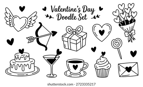 Valentinstag-Doodle-Set mit Herzen cupid bow Geschenk Kuchen Kaffee Cupcake Blumen und romantische Symbole handgezeichnete schwarze Linie Illustration einzeln auf weißem Hintergrund