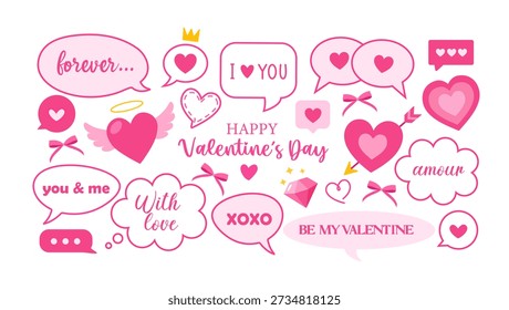 Valentine’s Day Doodle Set with Love Speech Bubbles, Hearts and Cute Romantic Lettering, Pink Hand Drawn Valentine Elements Collection for Cards, Stickers and Social Media.