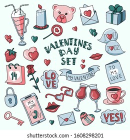 Valentine’s day doodle vector set with isolated icons drawn in cartoon style. Could be used for design of fabric; wrapping paper and greeting card. Celebrating 14th of February