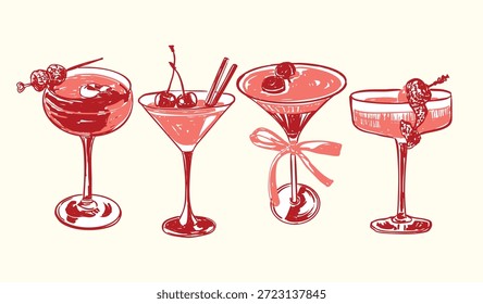 Set de bebidas para el Día de San Valentín con románticas bebidas rojas y rosadas en elegantes vasos. Perfecto para celebraciones de amor, noches de cita, fiestas, menús de bar, eventos festivos y conceptos de bebidas navideñas con estilo.
