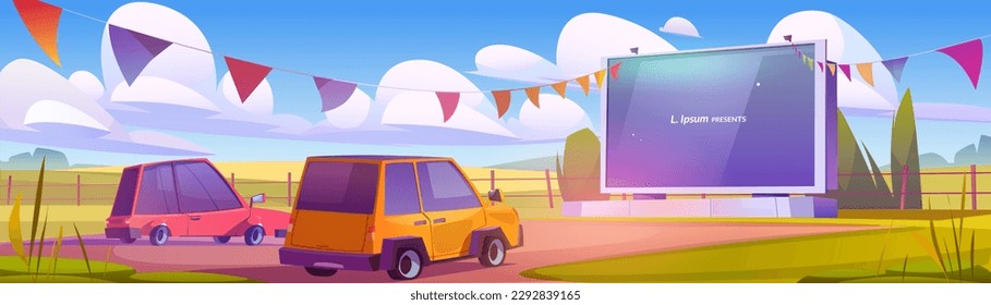 Day drive in outdoor cinema parking illustration. Theater festival with garland for auto on big screen. Air entertainment event for watching film in car outside in summer. Modern video performance