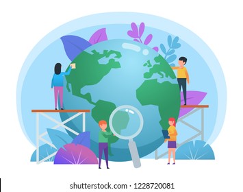 Day of the earth concept. Small people taking care of big earth globe. Poster for social media, web page, banner, presentation. Flat design vector illustration