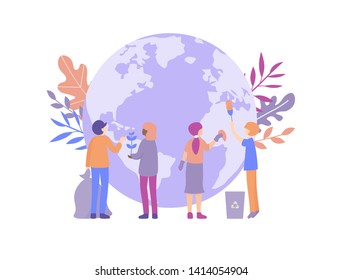 Day of the Earth design concept. Small people taking care of big Planet globe. Poster for social media, web page, banner, presentation. Flat vector illustration.