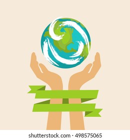 Day of earth vector planet with hands care flat illustration