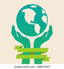 Day of earth vector planet with hands care flat illustration