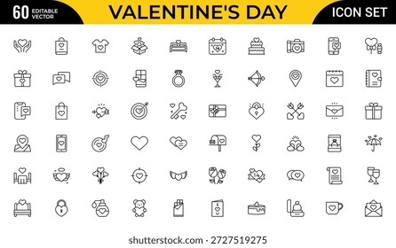 Valentinstag Editierbare Stroke Outline Icon Set - Thin Linear Love, Romance and Heart Icons Pack, Moderne minimale Vektorgrafik für Web, App und UI Design