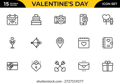 Conjunto de iconos de contorno de trazo editable de San Valentín: paquete de iconos de amor, romance y corazón lineales delgados, Ilustración vectorial mínima moderna para Web, App y diseño de interfaz de usuario