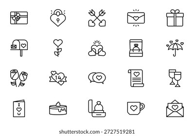 Conjunto de iconos de contorno de trazo editable de San Valentín: paquete de iconos de amor, romance y corazón lineales delgados, Ilustración vectorial mínima moderna para Web, App y diseño de interfaz de usuario