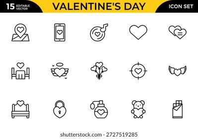 Conjunto de iconos de contorno de trazo editable de San Valentín: paquete de iconos de amor, romance y corazón lineales delgados, Ilustración vectorial mínima moderna para Web, App y diseño de interfaz de usuario