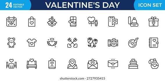 Valentine’s Day Editable Stroke Outline Icon Set – Thin Linear Love, Romance and Heart Icons Pack, Modern Minimal Vector Illustration for Web, App and UI Design