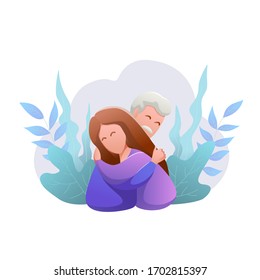 Day of elderly. flat design isolated banner. Happy young man and woman hug each other. Tender relationships against the background of plants. Fathers day. Modern vector illustration.