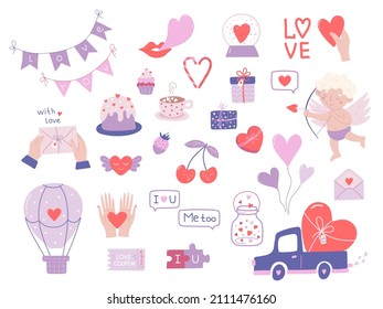 Valentine’s Day element set of cute elements. Perfect for greeting card, party invitation, gift tags. Hand drawn vector illustration.