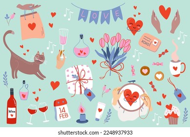 Valentine’s Day element set. Different romantic objects. Vector clip art for scrapbooking, greeting card, party invitation, gift tags.