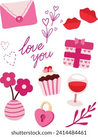 Valentine’s Day element set: envelope, love text, heart shape, cupcake, flowers, gifts, wine, kisses and calligraphy quotes. Perfect for scrapbooking, greeting card, party invitation, gift tags. 