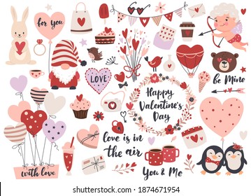 Valentine’s Day Element Set: Gnome, Love Text, Heart Shape, Cute Cupid,  Flowers, Air Balloons And Calligraphy Quotes.  Perfect For Scrapbooking, Greeting Card, Party Invitation, Gift Tags.