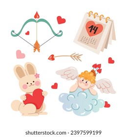 Valentine’s Day elements clipart. Cupid, bow and arrow, february 14th calendar, and bunny with heart. Set of Cartoon style vector illustrations for greeting cards, banners, stickers, and invitations.