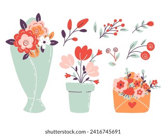 Valentine’s day elements flower set. Floral bouquets and letter isolated on white bacground. Flat style. Cartoon vector illustration