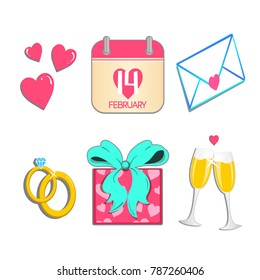 Valentine´s day elements. Hearts, february 14 date calendar, mail letter, rings of engachement, gift and glasses with champagne.
