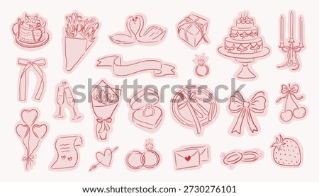 Valentine’s Day elements, including rings, cakes, flowers, swans, balloons, champagne glasses, gifts, bows, candles, envelopes, and decorati