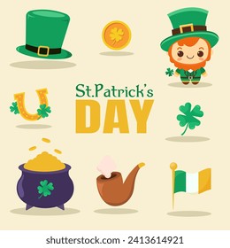 St.Patrick’s day elements set. Collection of isolated vector elements. Clover, irish flag, leprechaun, hat, coins, horseshoe etc.