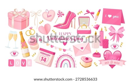 Valentine’s Day Elements Set with Gifts, Hearts, Rings, Candles, Champagne, Love Cards and Romantic Decorations – Pink Holiday Symbols Collection for Wedding, Engagement, Anniversary, Greeting Cards, Marketing and Advertising Design.