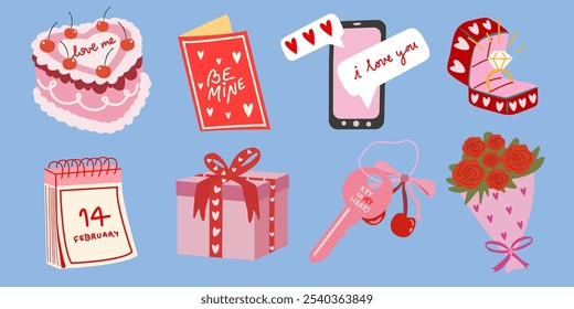 Valentine’s day elements vector retro cartoon set. Valentine's day, wedding and love concept. Perfect for stickers and greeting cards. Vintage cake, gold ring, bouquet of roses, a calendar and gifts