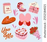 Valentine’s day elements vector retro cute set. Cartoon stickers for Valentine