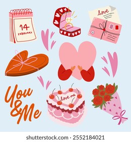 Valentine’s day elements vector retro cute set. Cartoon stickers for Valentine's Day on February 14. Presents for the feast of Saint Valentine