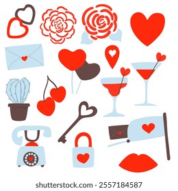 Valentine’s day elements vector set. Gifts, hearts, drinks, floral, locks and other traditional decorations. Cartoon style. Perfect for stickers and greeting cards.