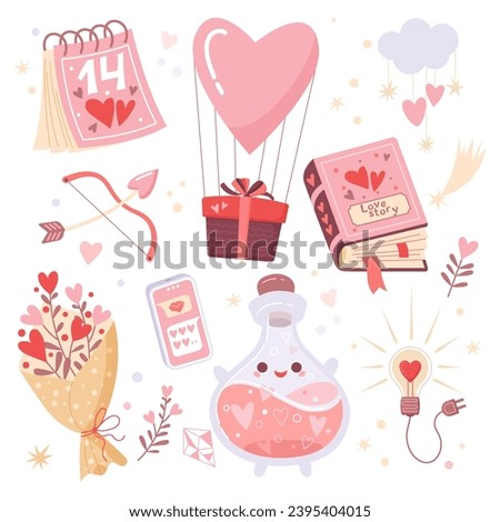 Valentine’s day elements vector set. Gifts, hearts,  floral bouquets, book love story, telephone, calendar, love potion and traditional decoration. Cartoon style.Perfect for stickers and greeting card