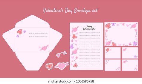 Valentine’s Day envelope set. Romantic envelope set with hearts and arrows. Pink envelope, postcards, stickers and note design for Valentine’s Day. Vector illustration.