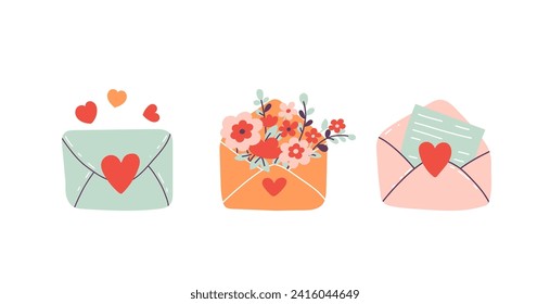 Valentine’s day envelope vector set. Edit letters, congratulations, offer, communication and message. Flat style. Cartoon vector illustration