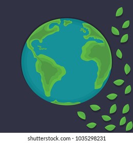 Day of environment. Earth Day. Save the Earth. Green Day. Globe with textures. Green sheets around the Earth. The concept of design for a banner, greeting card, T-shirt, print, poster. Vector 
