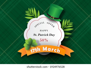 The day of event ribbon on specials offer white banner in paper cut style with high hat and decorated plants, green argyle pattern background. St. Patrick's Day specials offer banner in vector design.