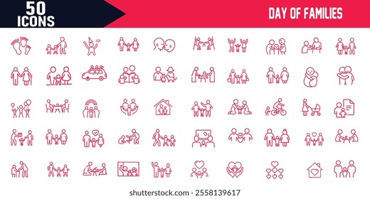 Day of Families Editable Stroke Icons Set , International Day of Families 15 May , Happy Family Day Card with Red Heart Inscription ,Vector Illustration for Family,