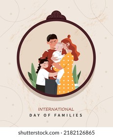 Día de las familias. Hombre, mujer y niños. Esposo, esposa, hijo e hija. Maternidad y paternidad, Felices fiestas familiares e internacionales. Portada del sitio web. Dibujo vectorial plano de dibujos animados