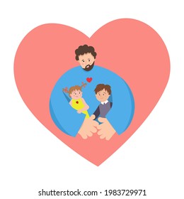 Father’s Day. Father hugs children.Vector illustration