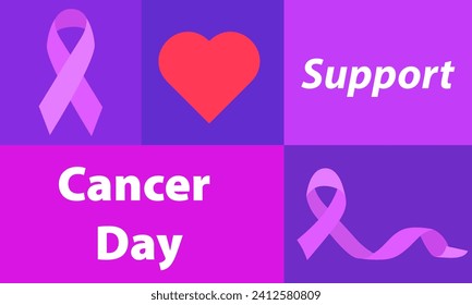 Day of the fight against cancer. Banner of support in the fight against the disease. Ribbon, heart and other symbols of support. Vector illustration