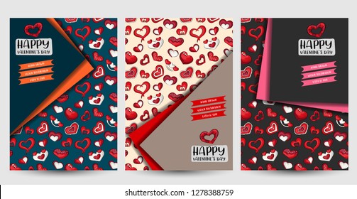 Valentine’s day flyer or posters set. Background for advertisement, menu, brochure template. Hand drawn doodle cartoon style love and hearts decoration concept. Vector illustration.