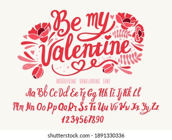 Valentine’s day Font. Typography alphabet with colorful cute illustrations. Handwritten script for holiday party celebration and crafty design. Vector with hand-drawn lettering.