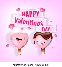 La tarjeta postal vectorial divertida del día de San Valentín con el personaje de niño y niña sonriente con forma de helado en forma de corazón. Romántica ilustración del saludo con pareja kawaii. Me encanta la paleta de corazón de las vacaciones
