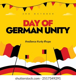 Dia da Unidade Alemã. Bandeira de celebração da unidade alemã de 3 de outubro, post com suas bandeiras, texto escrito em suas cores de bandeiras. O dia comemora a reunificação alemã em 1990. 34 anos de reunificação.