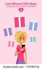 Valentine’s Day Gift Ideas Last Moment Worried Woman Customer Buyer Shopper Character Vector Art Design Illustration