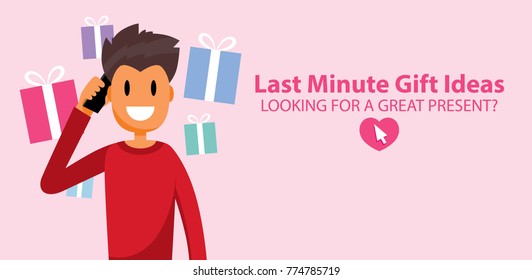 Valentine??s Day Gift Ideas Last Moment Happy Man Confident Guy Satisfied Customer Buyer Shopper Character Vector Art Design Illustration.