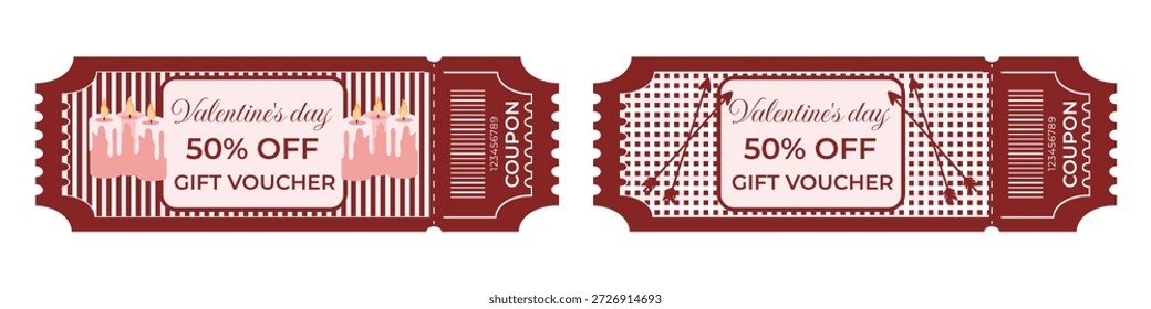Valentine’s Day gift voucher and coupon set 50% off in retro style with cupid arrows and candles