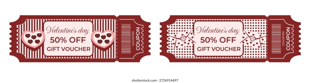 Vales de regalo y Cupón de San Valentín con 50% de descuento en estilo retro con cajas de chocolate, corazones y sobres