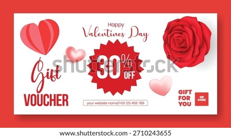 Valentine’s Day gift voucher discount coupon gift card reward giveaway template design with luxury 3D heart elements and refined vector illustration background horizontal sale banner