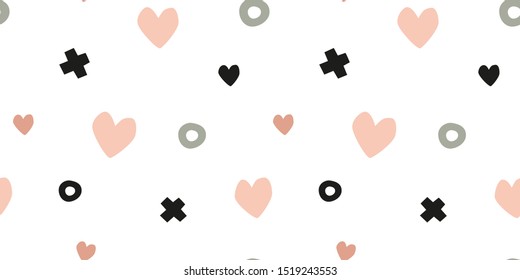 Valentine’s day gift wrapping paper design. Scandi heart seamless pattern with simple hugs and kisses symbols and shapes. Minimalist pink, and black repeat textile design. Fabric, scandinavian print.