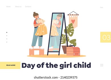 Day of girl child concept of landing page with kid dressing up change clothes in front of mirror. Little child try new dress at home. Children and fashion. Cartoon flat vector illustration